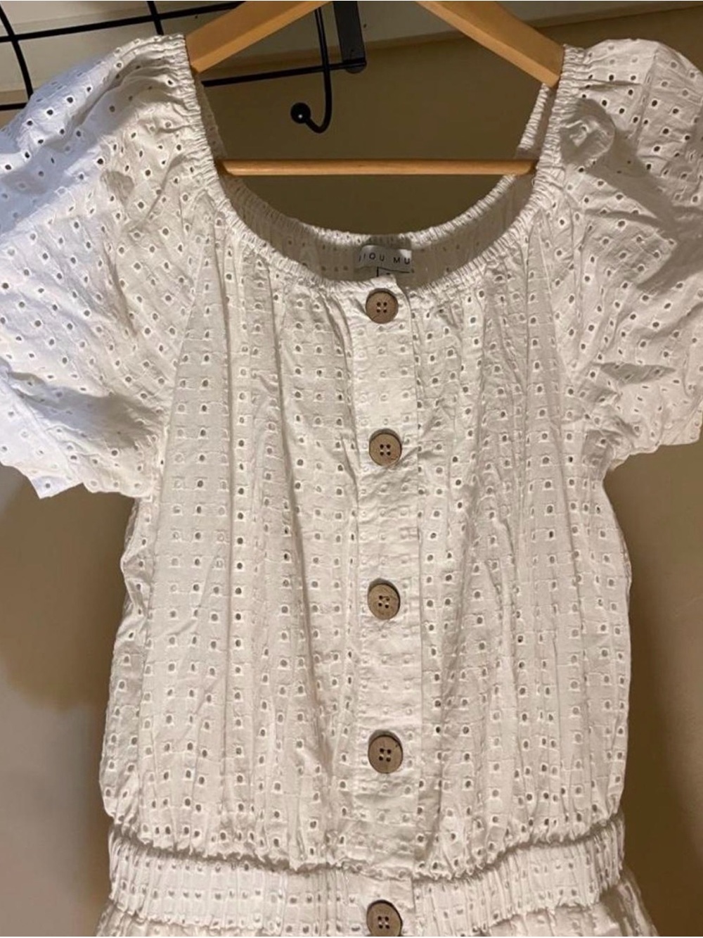 White Eyelet Puff-Sleeve Button Front Women's Top